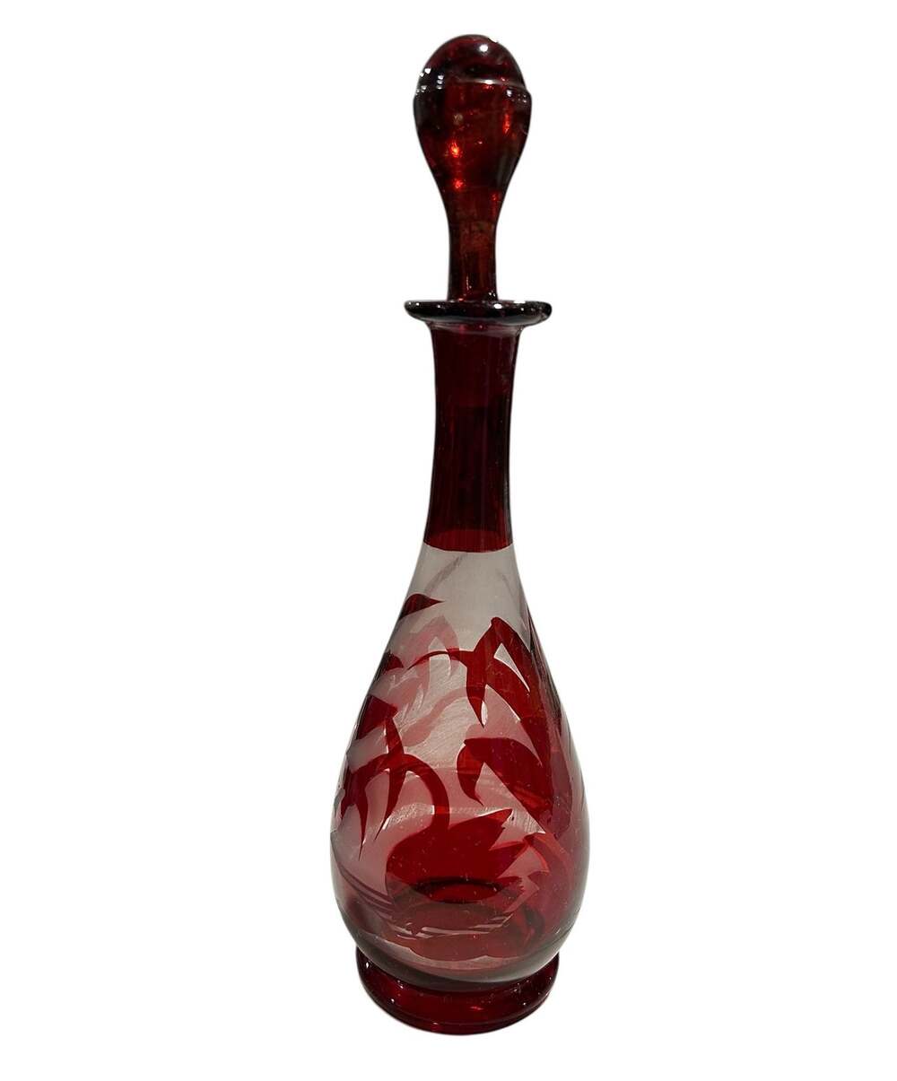 Vintage Bohemian Ruby Red Cut to Clear Glass Decanter or Cruet Swan 9.25" EUC